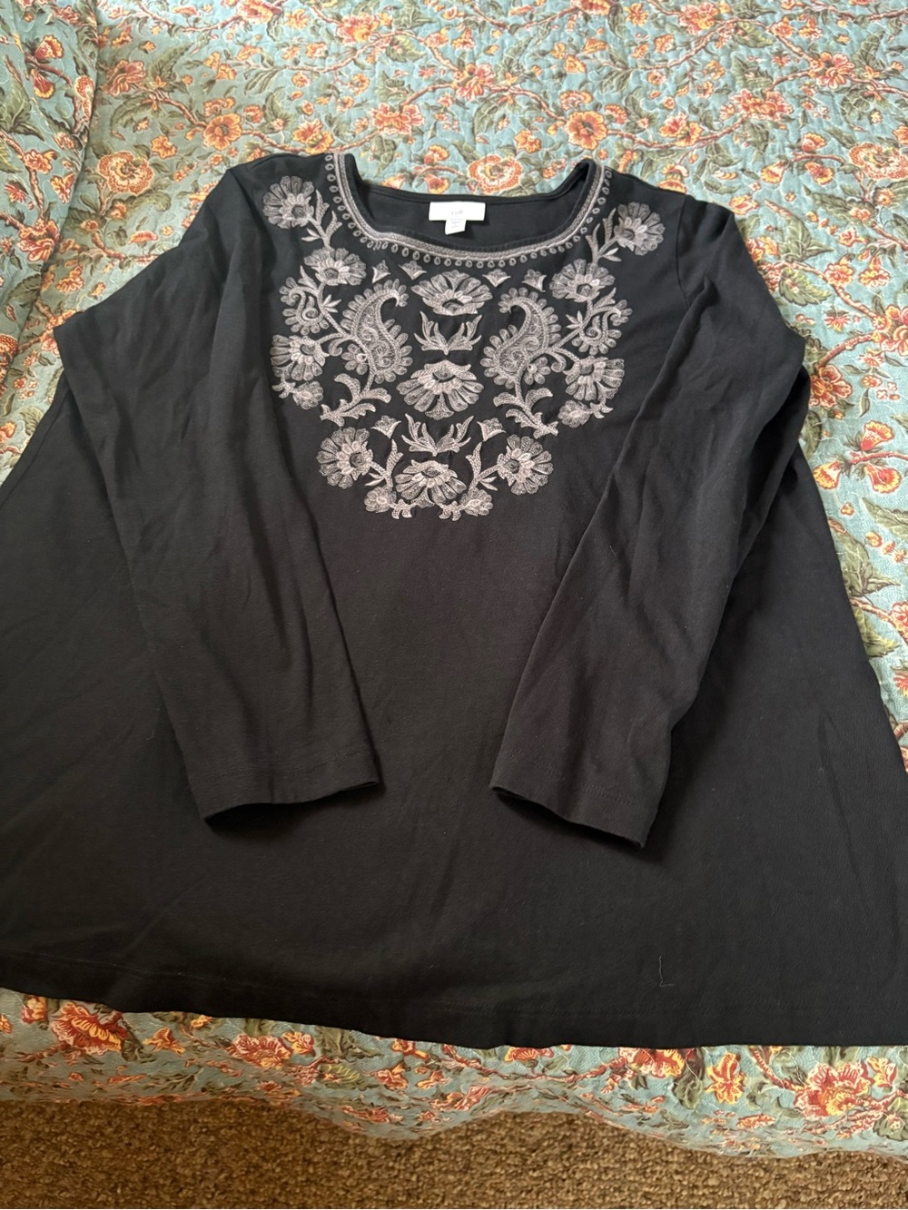 J. Jill Black Long-Sleeve Top with Gray Embroidered Yoke